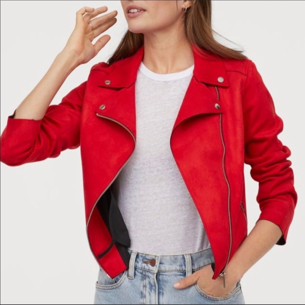 H&M Red Suede Leather Biker Jacket